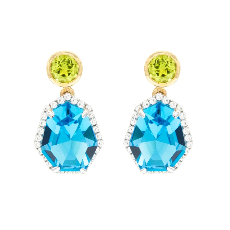 Heart Shaped Drop Earrings for Love -Drop earrings with intricate designs for added flair -Bellari 14k Gold Blue Topaz and Perdiot Earrings with Diamonds