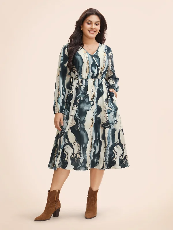 Plus size dresses featuring gemstone details shine subtle -Watercolor Floral Overlap Collar Midi Dress