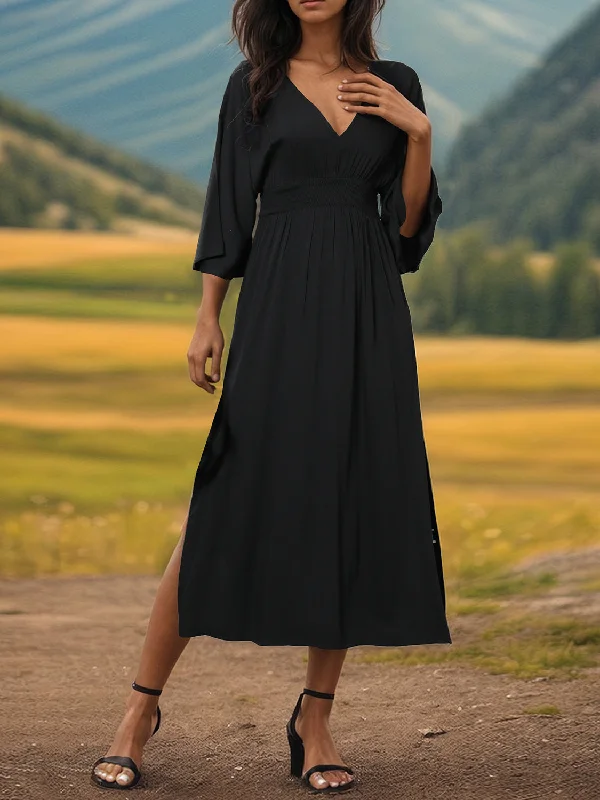 Plus size dresses featuring vibrant colors lift moods -Slit V-Neck Long Sleeve Midi Dress