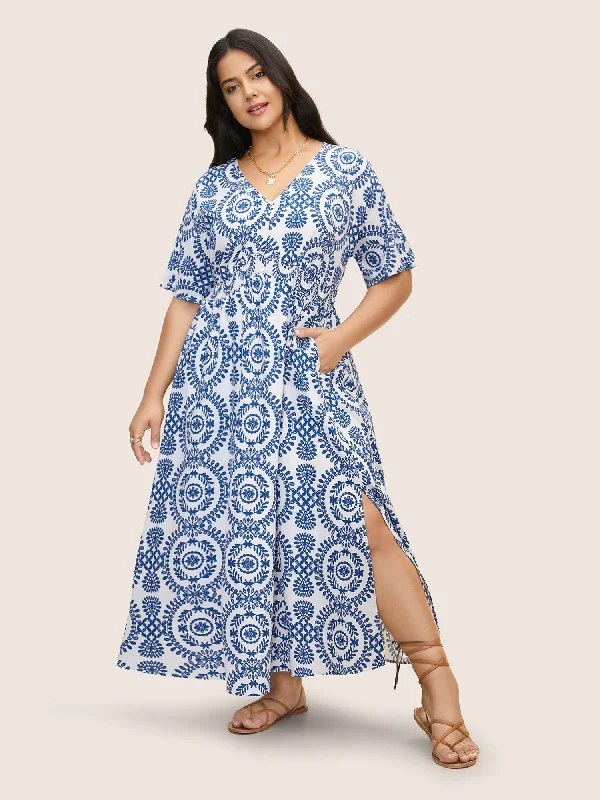 Plus size dresses featuring geometric prints are trendy -Bandana Print Shirred Split Side Maxi Dress