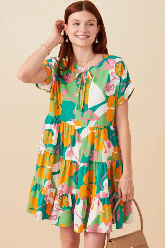 Plus size dresses with high waists define curves -Vibrant Floral Print Tie Detail Tiered Dress