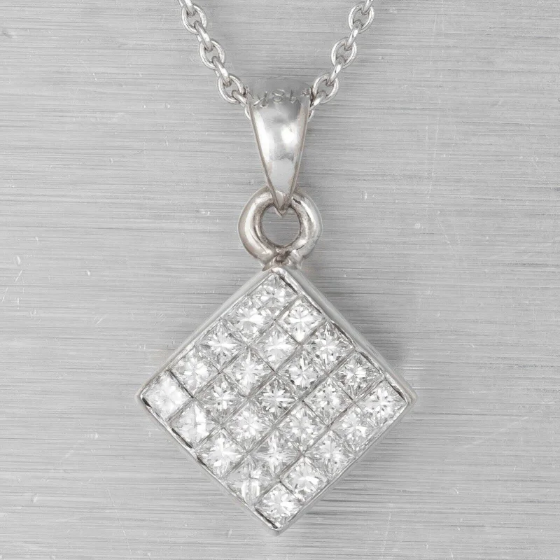 Beautiful necklaces and pendants with layered chains for a fashionable, chic look-Estate 18k White Gold Princess Cut Diamond Square Pendant Necklace 0.50ctw 18"