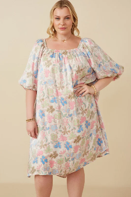 Plus size dresses with shiny threads reflect light -Floral Puff Sleeve Foiled Dress