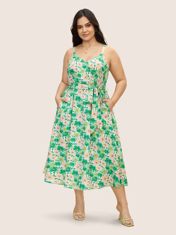 Plus size dresses featuring maxi lengths flow gracefully -Floral Surplice Neck Belted Midi Dress