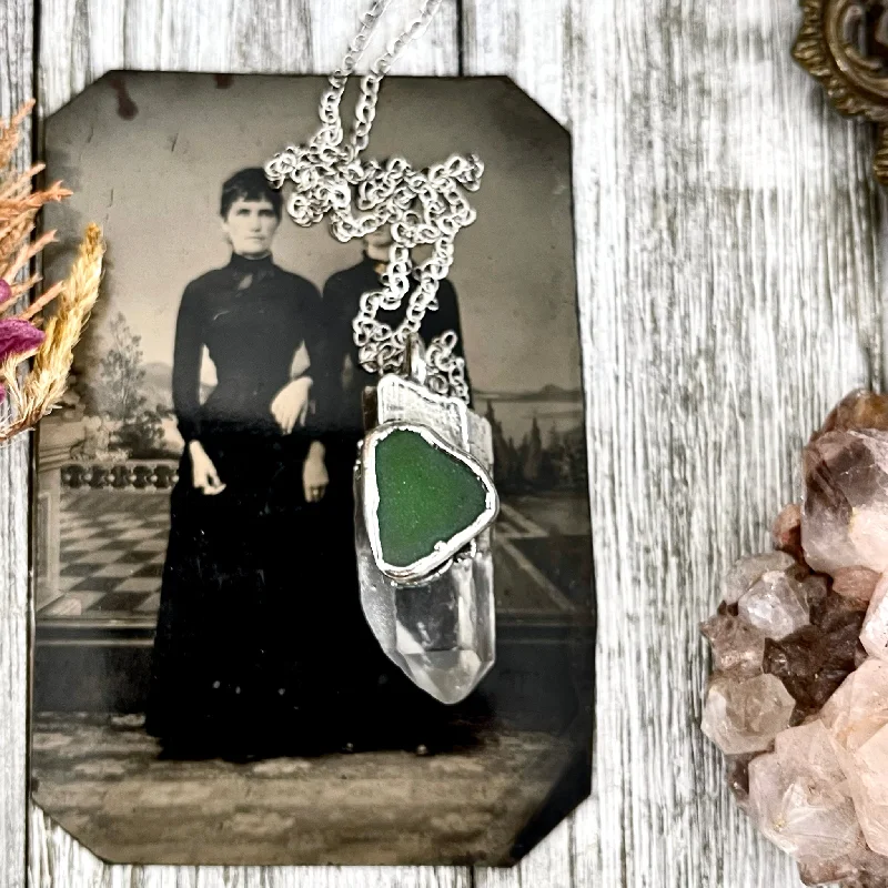 Necklaces and pendants with enamel accents for a colorful, eye-catching appearance-Clear Quartz & Green Sea Glass Crystal Statement Necklace in Fine Silver / Foxlark Collection - One of a Kind