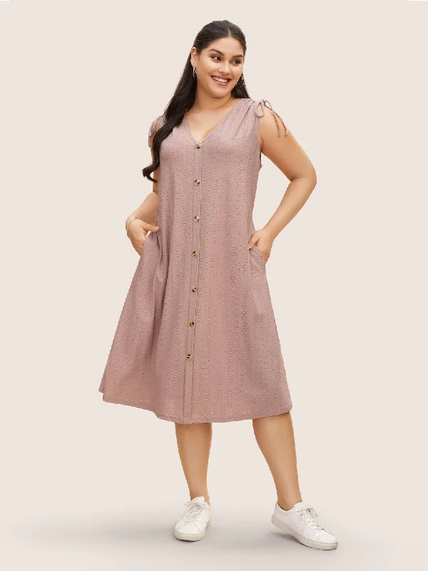 Plus size dresses with empire waists cinch nicely -V Neck Button Detail Sleeveless Drawstring Dress