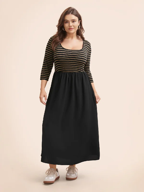 Plus size dresses with muted tones blend well -Square Neck Striped Patchwork Midi Dress