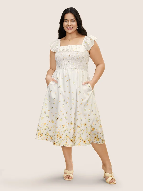 Plus size dresses for elegant dinners glow softly -Boho Print Ruffle Trim Shirred Tank Dress