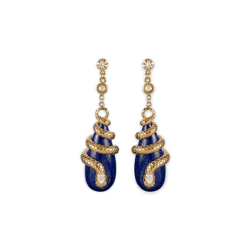 Drop Earrings for Wedding Ceremony -Drop earrings with metallic finishes for modern charm -DIAMOND SNAKE WRAPPED LAPIS DROPLET EARRINGS