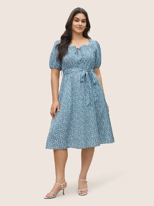 Plus size dresses for cold seasons warm up -Ditsy Floral Tie Neck Frill Trim Belted Dress