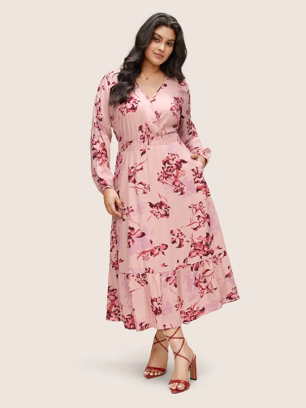 Plus size dresses with muted tones blend well -Floral Print Surplice Neck Ruffle Layered Hem Dress