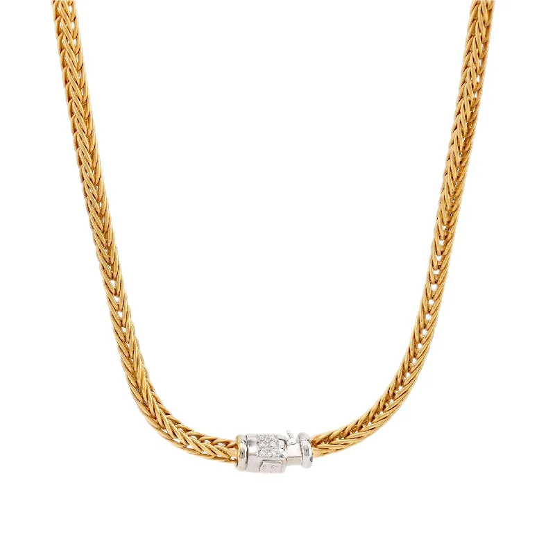 Simple necklaces and pendants with bar pendants for a sleek modern design-La Pepita Italy diamond 18k matte yellow and white gold wheat weave necklace