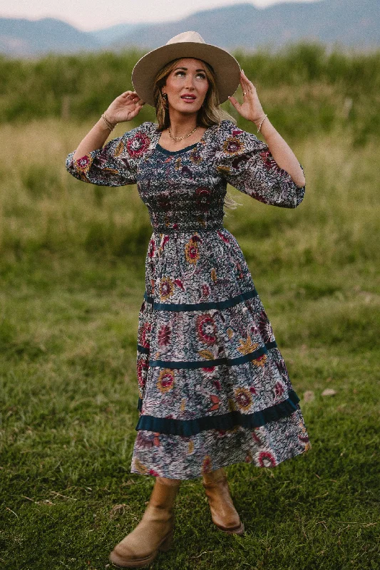 Plus size dresses featuring textured weaves add interest -Roselyn Dress in Navy Floral - FINAL SALE