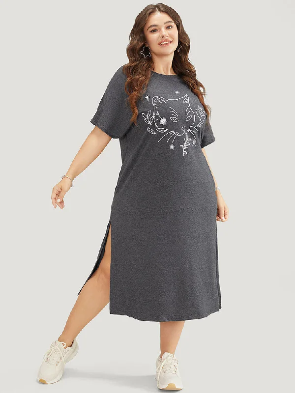 Plus size dresses for outdoor parties stay fun -Cat Print Split Hem Pocket Dolman Sleeve Tee Dress