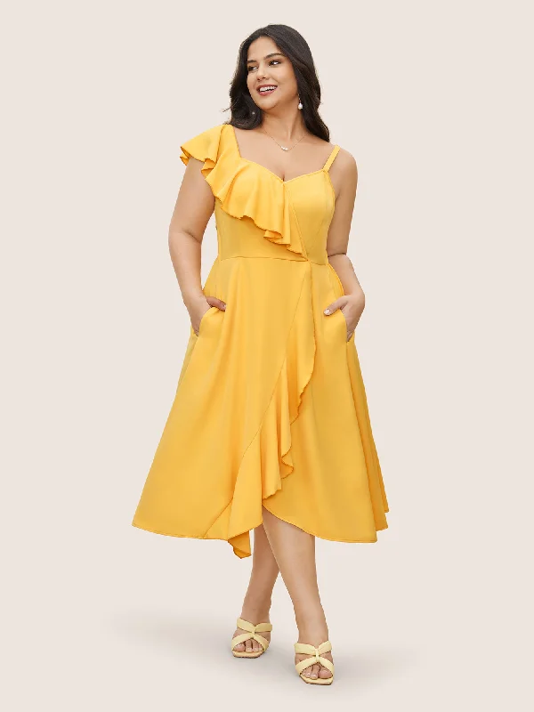 Plus size dresses in soft fabrics feel cozy -Citrus Solid Ruffle Trim Surplice Neck Dress