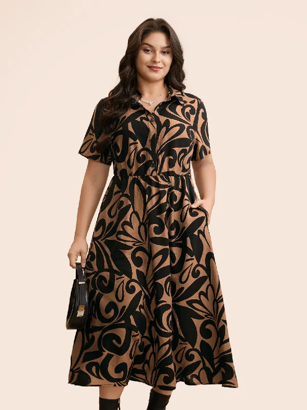 Plus size dresses with durable weaves endure wear -Boho Print Shirt Collar Midi Dress