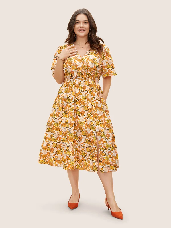 Plus size dresses featuring velvet textures feel plush -Overlap Collar Floral Elastic Waist Midi Dress