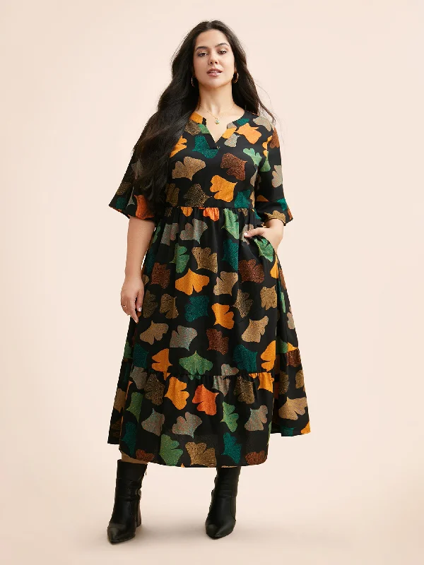 Plus size dresses for work stay professional always -Floral Print Notched Ruffle Sleeve Dress