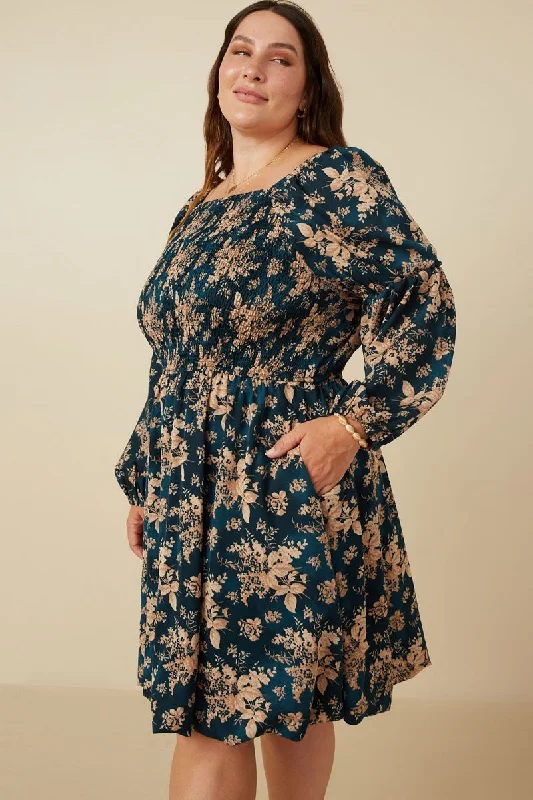 Plus size dresses with jewel tones dazzle quietly -Floral Peasant Sleeve Square Neck Dress