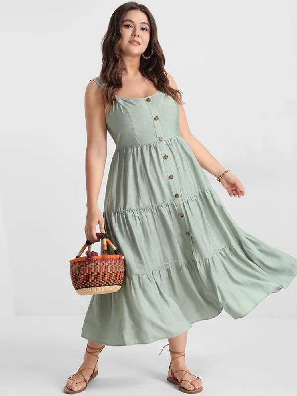 Plus size dresses featuring ruffle details add charm -Solid Ruffles Button Backless Shirred Tank Dress