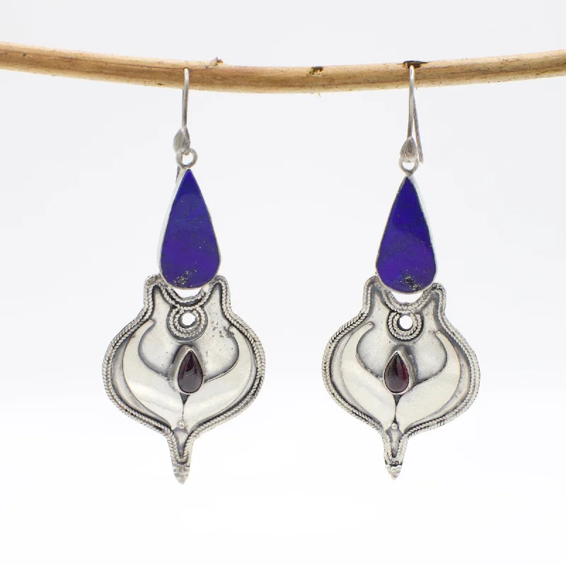 Drop Earrings for Anniversary -Trendy drop earrings with asymmetrical designs -Vintage 925 Handmade Sterling Silver Dangle Genuine Lapis Lazuli and Garnet Earrings