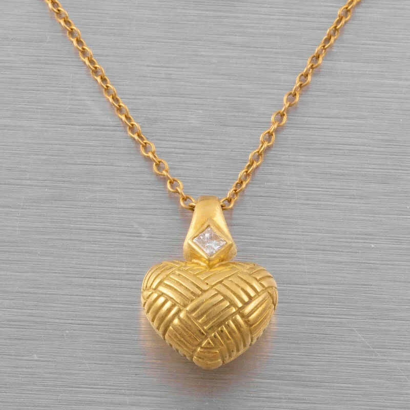 Best necklaces and pendants with zodiac signs for a celestial, astrology-inspired vibe-18k Yellow Gold Princess Diamond Crosshatch Heart Necklace 0.07ct 16" VINTAGE