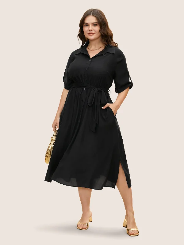 Plus size dresses with midi lengths balance well -Shirt Collar Tab Sleeve Split Hem Dress