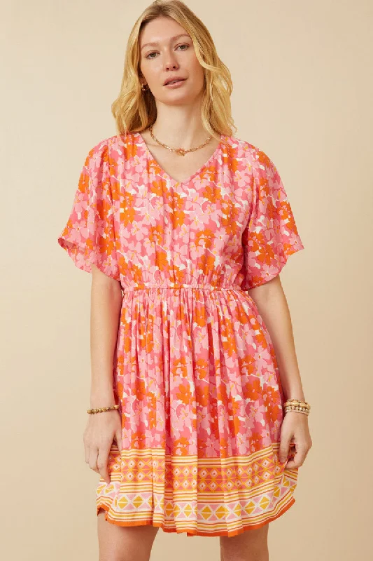 Plus size dresses with bright hues feel lively -Womens Bordered Hem Floral Print V Neck Dress