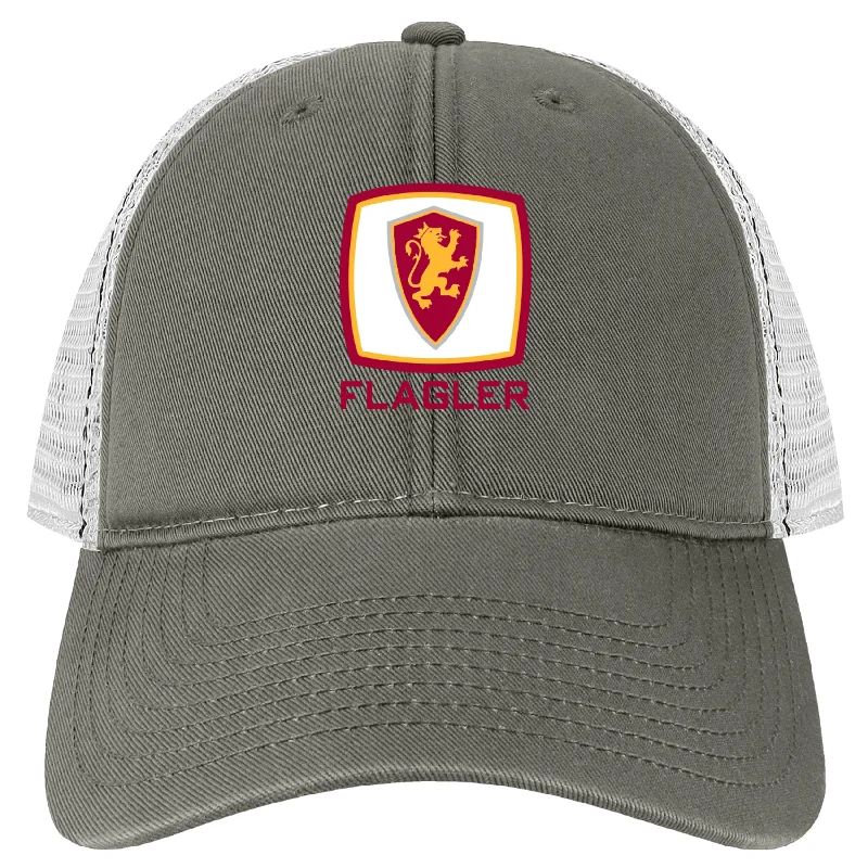 Black mesh cap for breathable summer wear -Flagler Shield Vintage Trucker