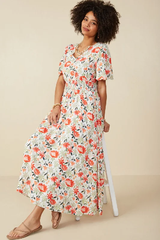 Plus size dresses for fancy nights shine bright -Bold Floral Smocked Waist V Neck Dress