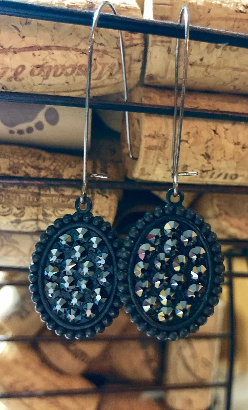 Ethnic Drop Earrings with Tribal Design -Drop earrings with glass crystals for a shimmering finish -Black Glitz Drop Down Earrings