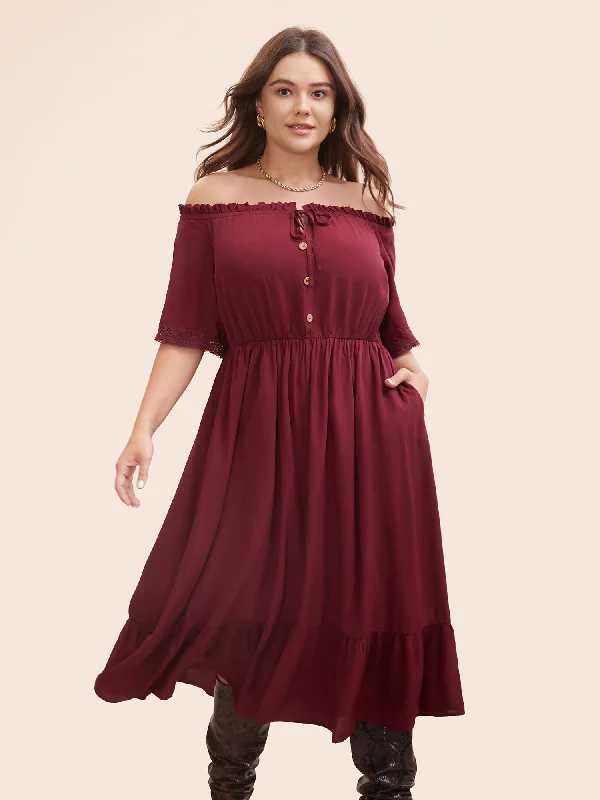 Plus size dresses with wide belts define waists -Plain Off Shoulder Lace Trim Ruffle Hem Dress