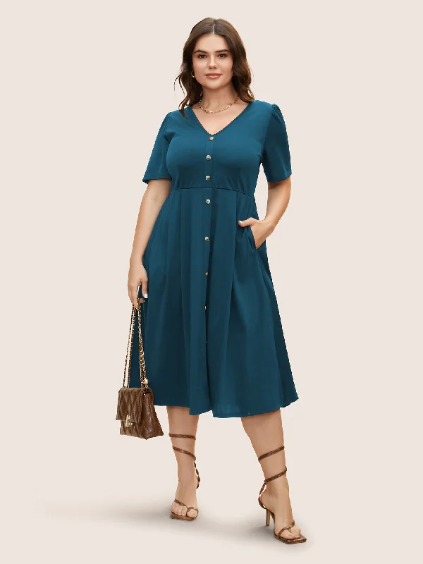 Plus size dresses with lightweight materials feel easy -V Neck Button Detail Elastic Waist Midi Dress