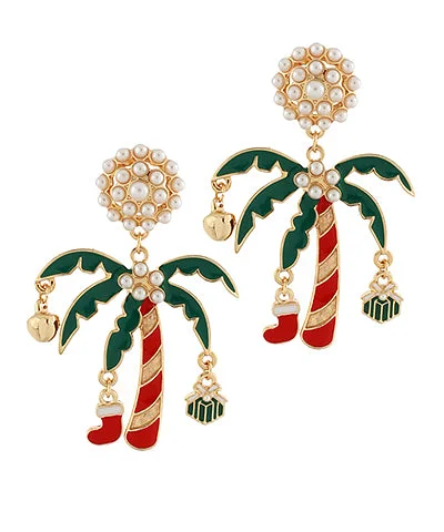 Drop Earrings for Bridesmaids Look -Gold drop earrings with an intricate design for sophistication -Christmas Palm Tree & Pearl Drop Earrings