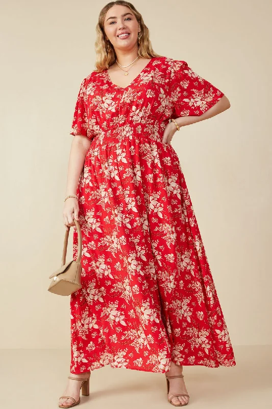 Plus size dresses featuring laser-cut details are unique -Floral Smocked Waist Flutter Sleeve Dress