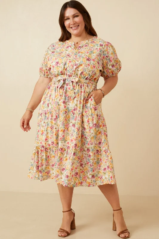 Plus size dresses for rainy days stay practical -Floral Print Belted Dress