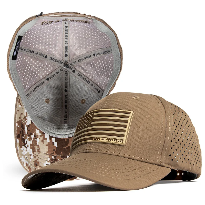 Adjustable trucker cap for outdoor summer fun -Performance Snapback | SOA Flag | Desert Digi Camo