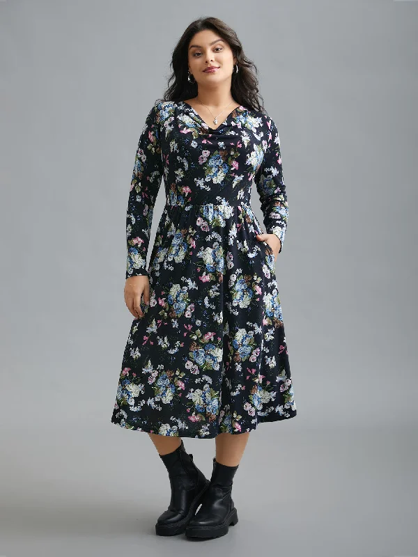 Plus size dresses with sturdy hems stay firm -Super Soft Cowl Neck Knit Floral Dress