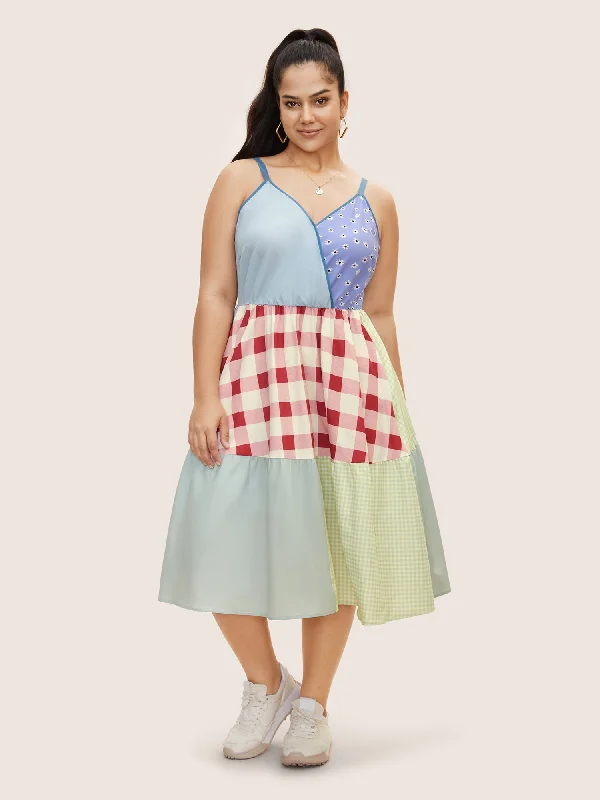 Elegant plus size dresses for weddings fit beautifully -Overlap Collar Plaid Patchwork Midi Dress