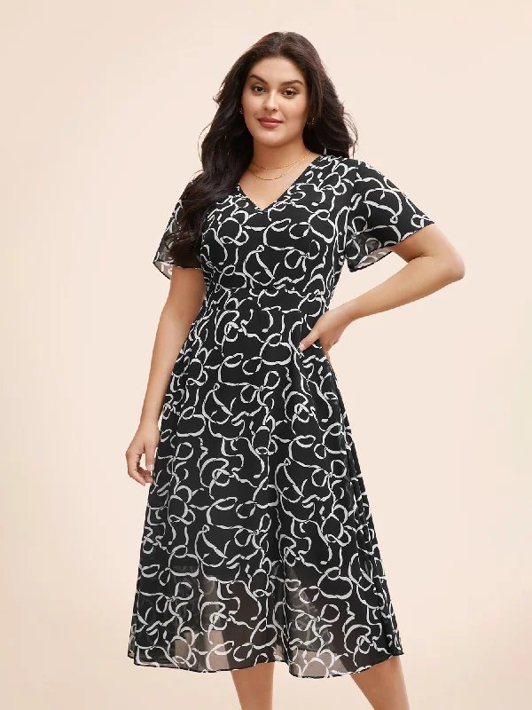 Plus size dresses with lightweight materials feel easy -Chiffon Bowknot Print Ruffle Sleeve Midi Dress