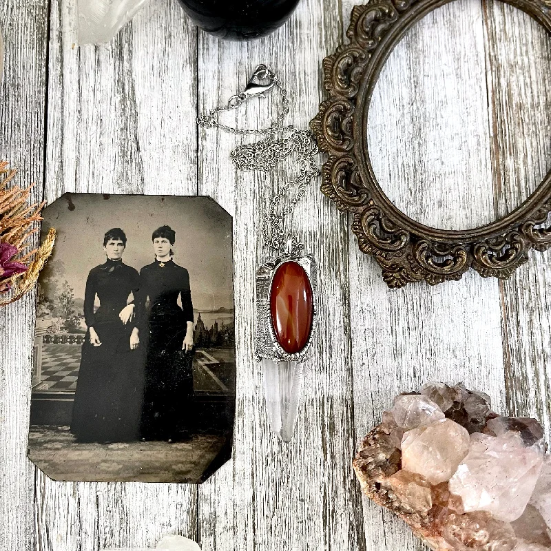 Unique necklaces and pendants with engraved messages for a sentimental gift-Large Raw Clear Quartz & Carnelian Crystal Statement Necklace in Fine Silver / Foxlark Collection - One of a Kind