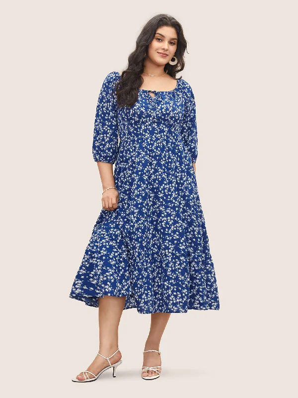 Plus size dresses with midi lengths balance well -Ditsy Floral Pocket Tie Neck Shirred Dress