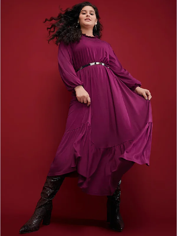 Plus size dresses for special occasions dazzle effortlessly -Solid Frill Trim Shirred Lantern Sleeve Pocket Flutter Maxi Dress