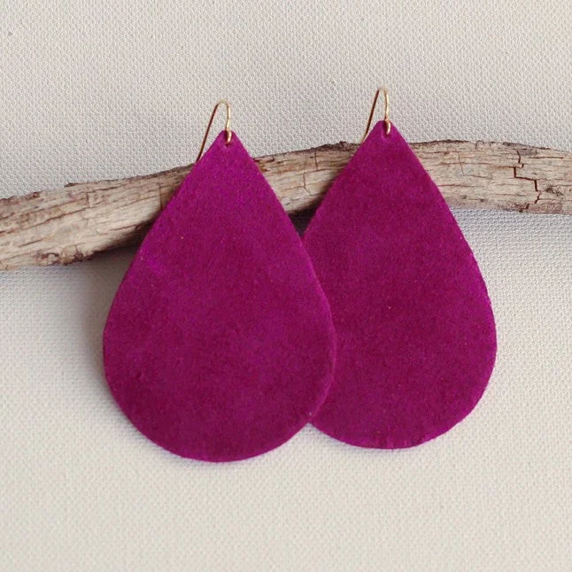 Waterproof Drop Earrings for Outdoor -Long drop earrings with gold accents -Leathered Psalm Magenta Suede Earrings