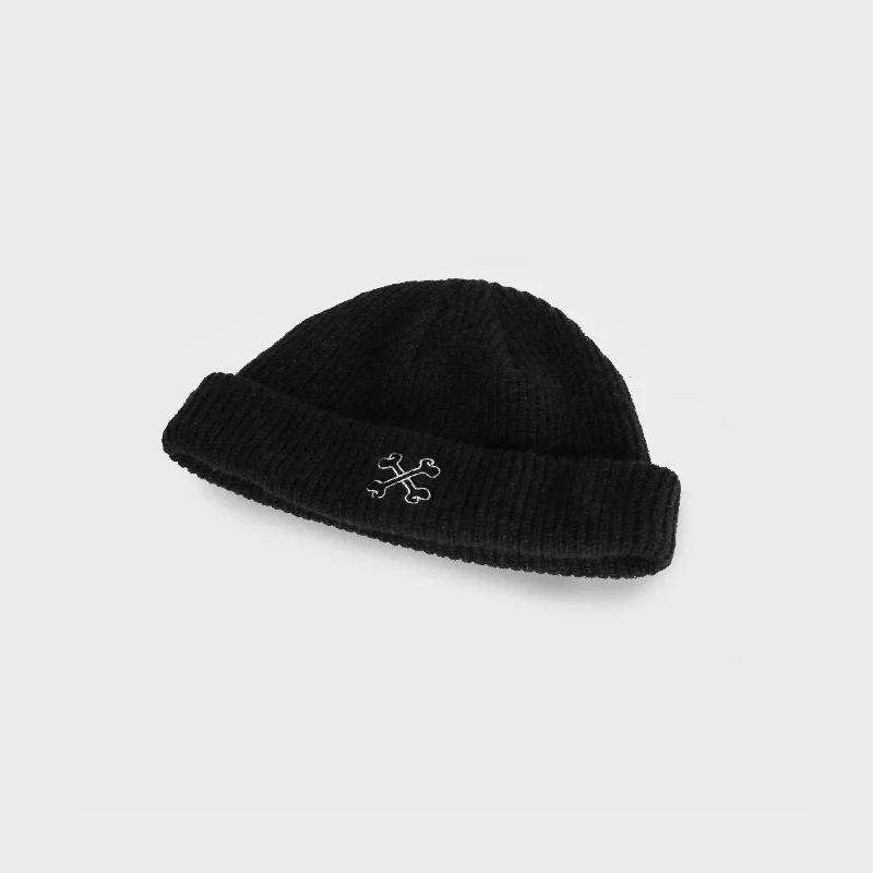 Lightweight cap for easy travel packing -Cross Bones Logo Beanie - Black