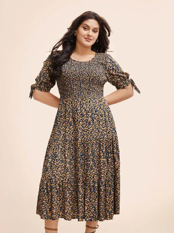 Plus size dresses with sleek fits elongate frames -Ditsy Floral Shirred Ruffle Layered Hem Dress