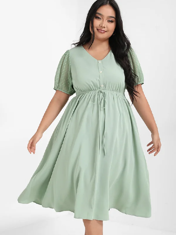 Plus size dresses for celebrations shine with style -Solid Polka Dot Sleeve Button Dress