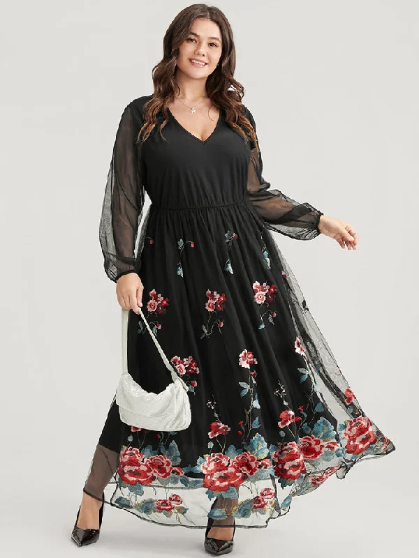 Plus size dresses with bold stripes add flair -Floral Embroidered Mesh Lantern Sleeve Pocket Maxi Dress