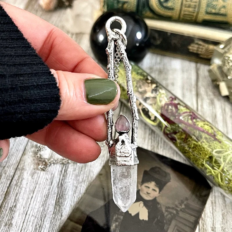 Best necklaces and pendants with intricate beadwork for a bohemian-inspired look-Sticks & Stones Collection- Raw Clear Quartz and Rose Quartz Necklace in Fine Silver /