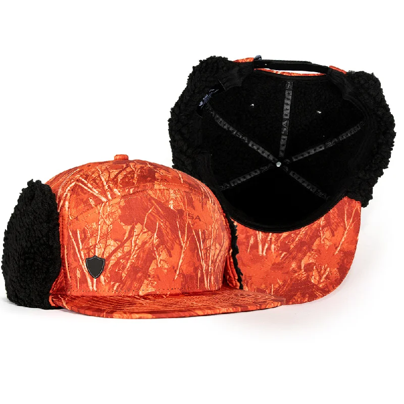 Fitted snapback cap for modern tight fit -Billed Trapper Hat | Hi Vis Orange Forest Camo